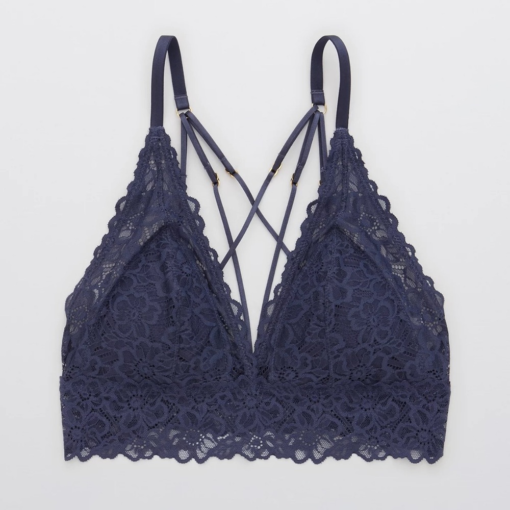 aerie Blue Lace Triangle Bralette with Plunging Neckline and Scalloped Edges